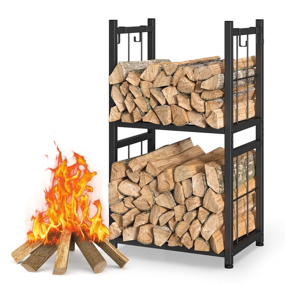2-Tier Firewood Rack with Tool Hooks, Black Indoor/Outdoor Log Holder & Fireplace Tool Organizer for Fire Pits, Stoves