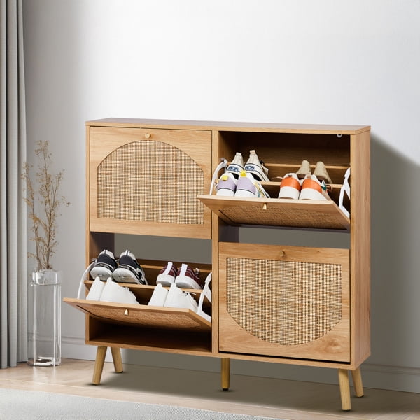 AsterOutdoor 2-tier Flip-Down Shoe Cabinet Natural Rattan Arched Front 8 Compartments MDF with Melamine, High Legs for Entryway