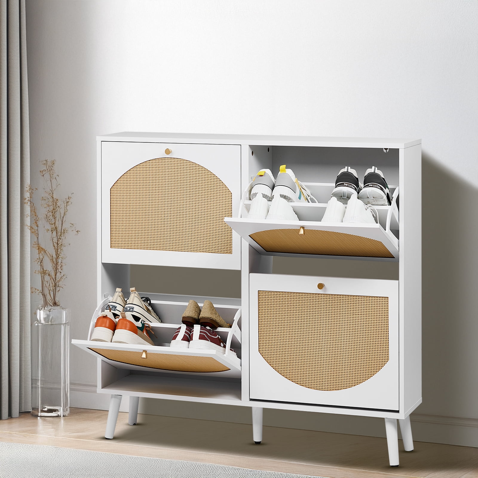 2-Tier Flip-Top Shoe Cabinet Arched Rattan Fronts 4 Compartments White Particle Board Tall Legs Entryway Shoe Organizer for Hallway Porch Bedroom Farmhouse