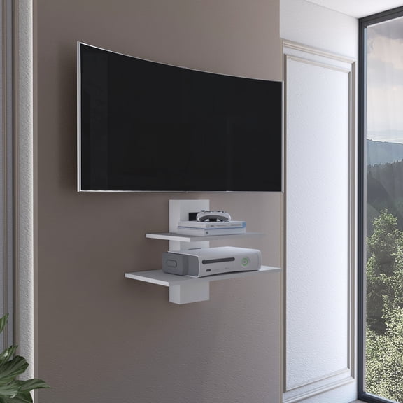 2 Tier Floating Shelf Wall Unit, White - Modern, Cable Managed Room Decor Modern Design,