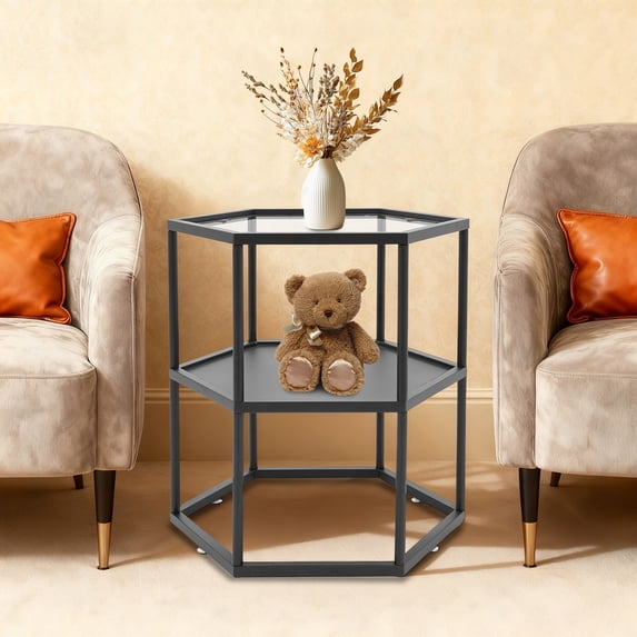 2-Tier Floorstanding Modern Side Table, Iron+ Glass Hexagonal Side ...