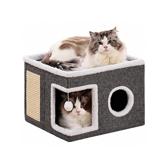 2-Tier Foldable Cat Bed and Large Cat Hideaway Cube, Indoor Pet House with Scratching Board and Hanging Toy, Portable 2-Layer Kitten Condo with Soft Plush Top and Canvas Cave