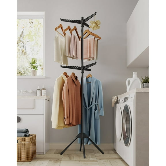 2-Tier Foldable Clothes Drying Rack, 6 Rotatable Arms, 54 Hanger Capacity, Stainless Steel Frame, 33lb Load, Space-Saving Design, Black