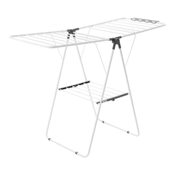 2-Tier Foldable Clothes Drying Rack - Adjustable Height Laundry Dryer Stand with 21 Rods & Sock Clips - Space Saving Indoor/Outdoor Garment Rack - White (Free Standing, 35 lbs Capacity)