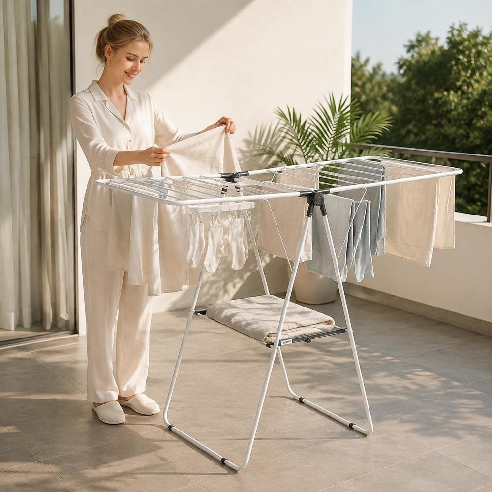2-Tier Foldable Clothes Drying Rack with 21 Drying Rods, Sock Clips ...