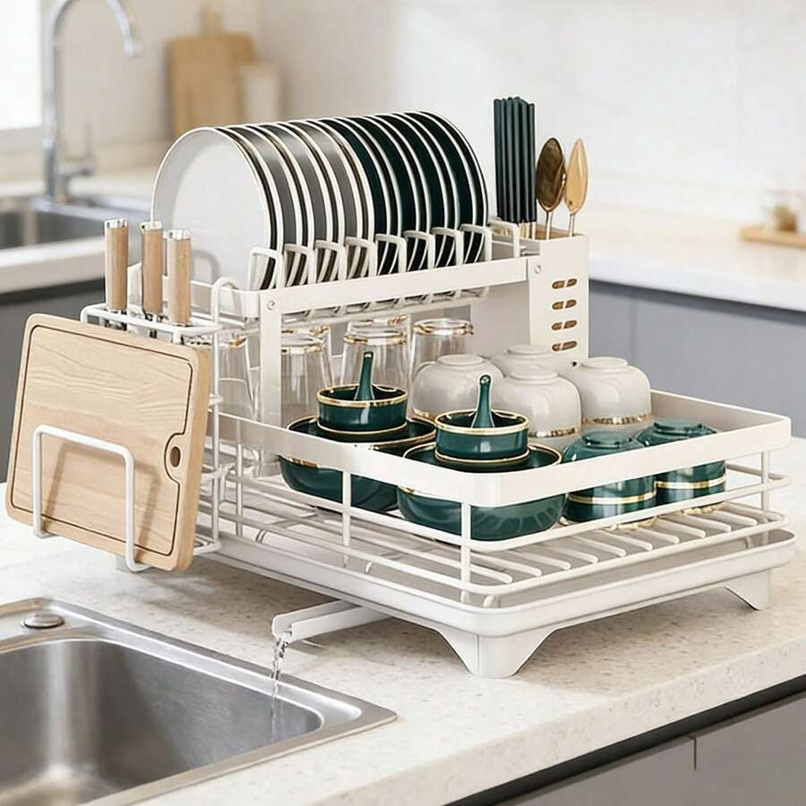 2-Tier Foldable Dish Drying Rack with Drain Tray, Dish Hooks, and Cup ...