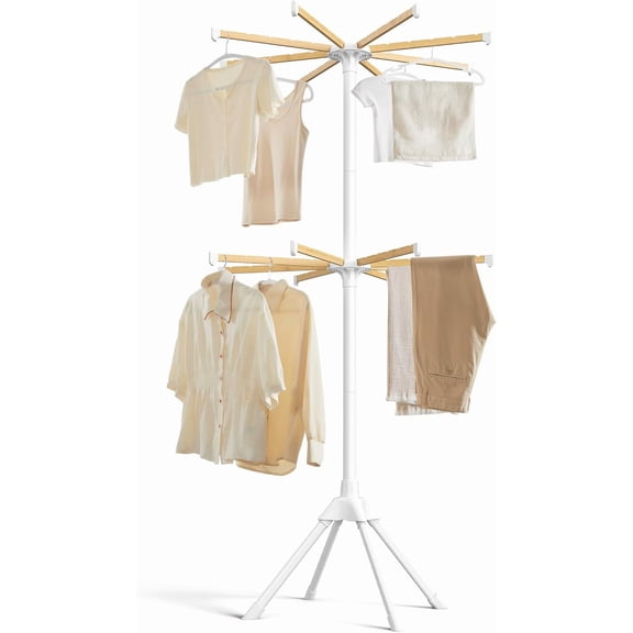 2-Tier Foldable Metal Laundry Drying Rack with Bamboo Hanging Rods, Indoor Freestanding Airer White Natural