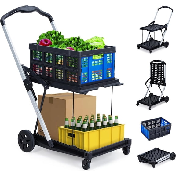 2 Tier Foldable Shopping Trolley Grocery Carts 198 LB Capacity Portable Cart with Wheels Removable Blue for Groceries Heavy Duty Utility