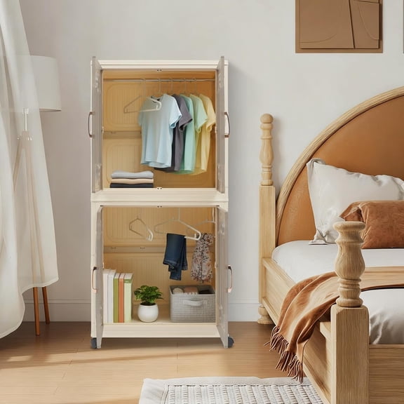 2 Tier Foldable Storage Cabinet W/ Wheels&Clear Doors Plastic Organizer Wardrobe