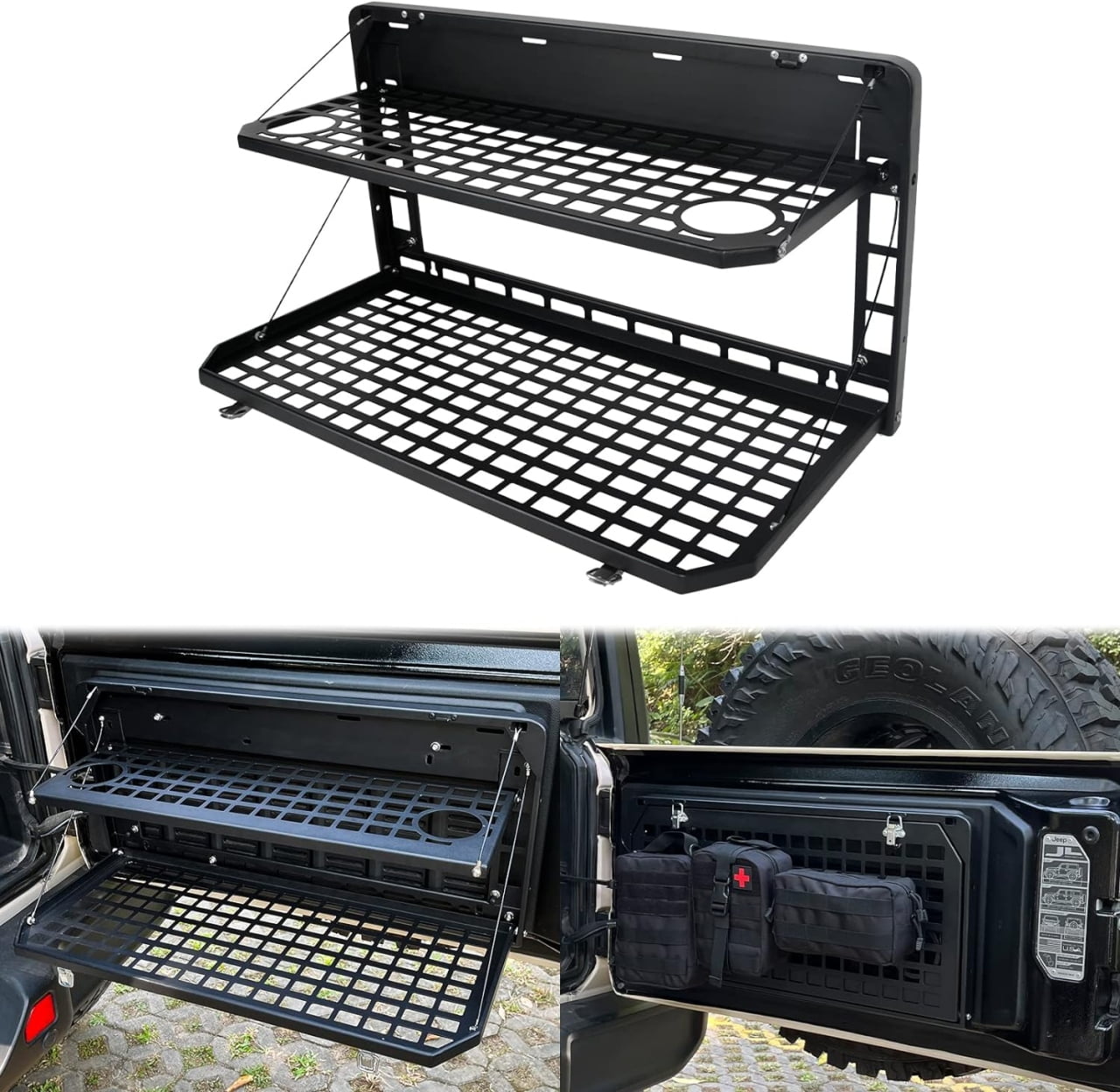 2-Tier Foldable Tailgate Table with Cargo Rack for Jeep Wrangler JK JL 4-Door Models 2007-2022, Rear Mount Camping Desk Storage Solution for Outdoor Adventures