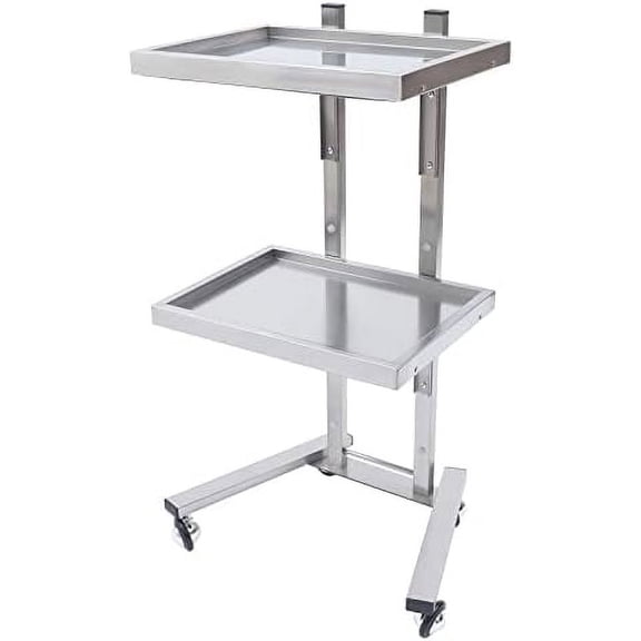 2 Tier Foldable Trolley with Double Storage Tray Stainless Steel Rolling Utility Cart Esthetician Cart with Wheel Mobile Trolley Equipment for Salons Studios Shops, Silver$$Office