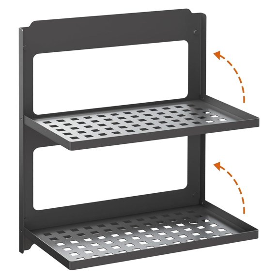 2-Tier Folding Metal Wall Shelf, 13.4 Inch Small Foldable Drop Down Floating Shelf, Stackable Double Layer Rack for Laundry Room Bathroom Utility Kitchen RV Garage Closet Storage Organization