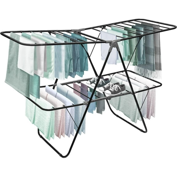 2 Tier Folding Rack  Indoor/Outdoor Collapsible Clothes Dryer Stand Laundry or Shoe Rack,Heavy Duty Freestanding Garment Hanger, Foldable, Portable Air Dry Holder