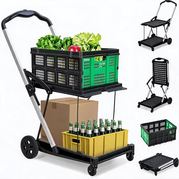 2-Tier Folding Shopping Cart Collapsible Utility Cart – Aluminum Grocery Trolley with Removable Storage Crate, 200 lbs Capacity, 360° Swivel Wheels – Portable for Apartment, Office, Travel, Green