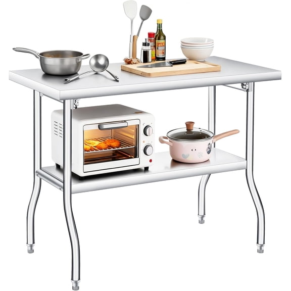2 Tier Folding Stainless Steel Table, 48x30 in, 620 LB Capacity, Heavy Duty Metal Foldable Prep/Work Table, No Assembly, for Kitchen Laundry Restaurant Camping Garage, Silver