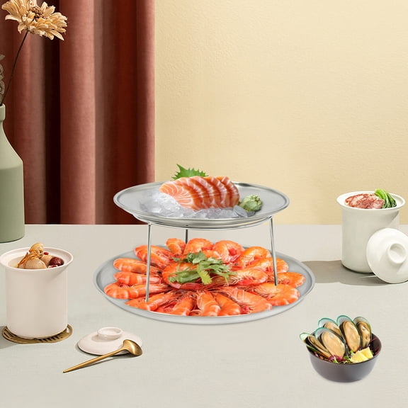 2 Tier Food Serving Riser Seafood Plate Round Plate Rack Silver Tray Stand USA