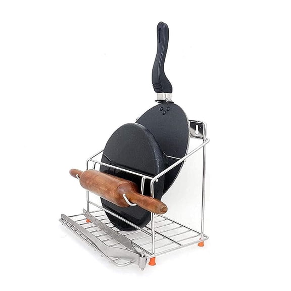 2-Tier Free Standing Stainless Steel Kitchen Rack And Organizer|Tiered Shelf Spice Rack,Utensil Organizer,Cup And Glass Holder With Chakla Stand|Space-Saving Kitchen Storage Solution