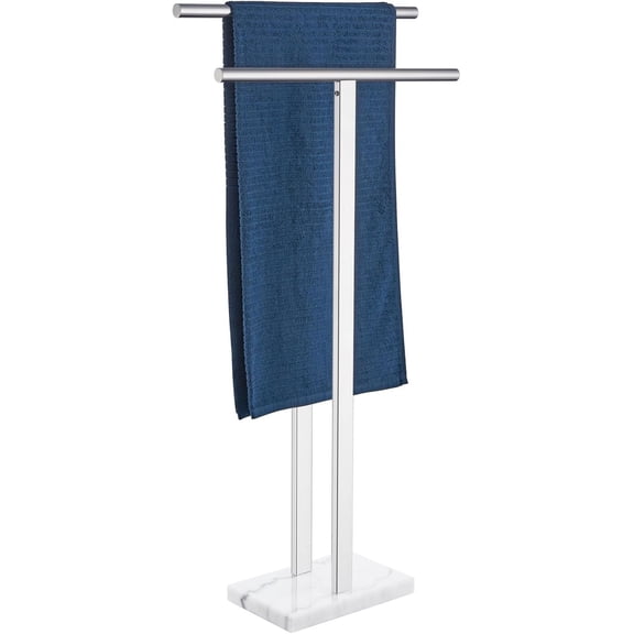 2-Tier Free-Standing Towel Rack with Heavy Marble Base and Polished Chrome Stainless Steel Finish