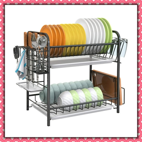 2 Tier Freestanding Dish Rack with Dish DrainerDish Holder for Kitchen (Black)