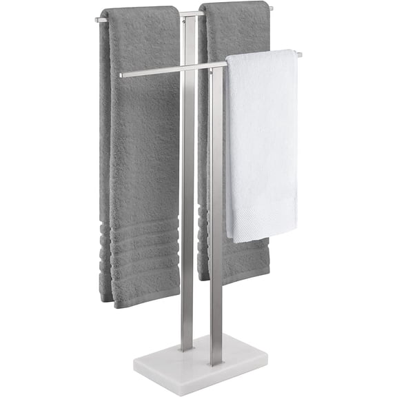 2-Tier Freestanding Towel Rack with Heavy Marble Base and Brushed Stainless Steel Finish 33 Inch Height