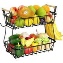 2 Tier Fruit Basket with 2 Banana Hangers, Countertop Fruit Vegetable Basket Bowl for Kitchen Counter Metal Wire Fruits Storage Stand Holder Organizer for Bread Snack Veggies Produce