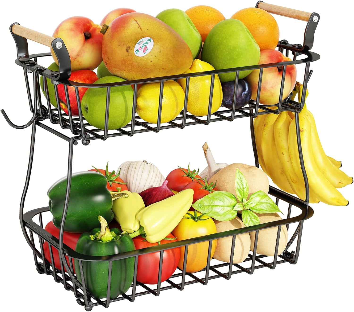 2 Tier Fruit Basket with 2 Banana Hangers, Countertop Fruit Vegetable ...