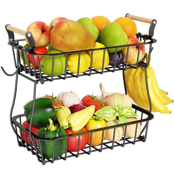 2 Tier Fruit Basket with 2 Banana Hangers, Countertop Fruit Vegetable Basket Bowl for Kitchen Counter Metal Wire Fruits Storage Stand Holder Organizer for Bread Snack Veggies Produce