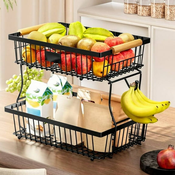 2 Tier Fruit Basket With 2 Banana Hangers, Countertop Fruit Vegetable Basket Bowl For Kitchen Counter Metal Wire Storage Basket Fruits Stand Holder Organizer