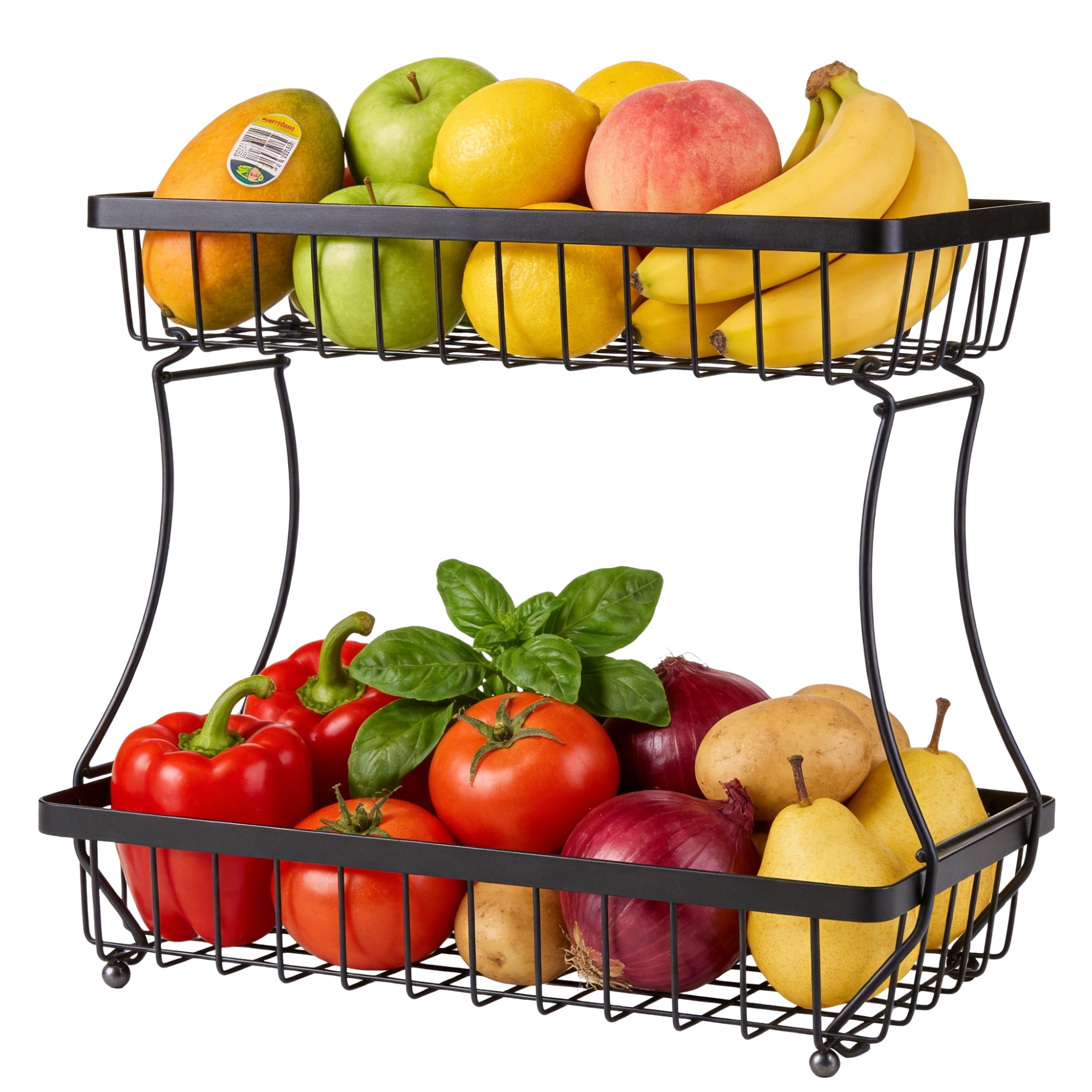 CISILOV 2 Tier Fruit Basket for Kitchen Counter, Detachable Metal Wire Fruit Vegetable Storage Basket, Countertop Produce Organizer with 2 Banana Hangers, Black