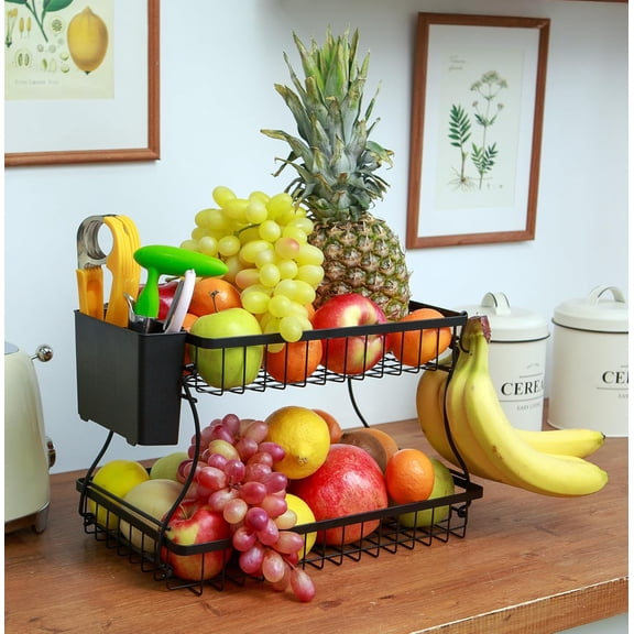 2 Tier Fruit Basket with Banana Hanger & Utensil Pocket  Metal Kitchen Counter Organizer for Fruits, Vegetables, Bread & Snacks + 3 Tools (Apple Corer, Banana Slicer, Peeler)  Perfect for Kitchen