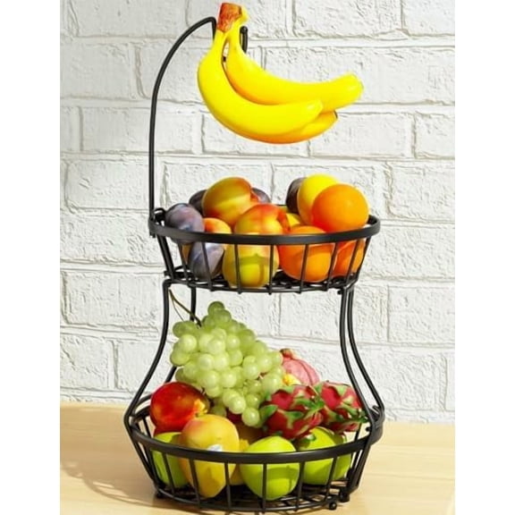 2-Tier Fruit Basket Bowl Stackable Vegetable Storage with Banana Tree Hanger Stand for Kitchen Countertop, Metal Wire Basket for Bread Onions Potatoes Black$$Home Decor, Kitchen, & Other