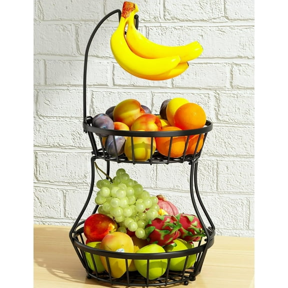 2-Tier Fruit Basket Bowl Stackable Vegetable Storage with Banana Tree Hanger Stand for Kitchen Countertop, Metal Wire Basket for Bread Onions Potatoes Black