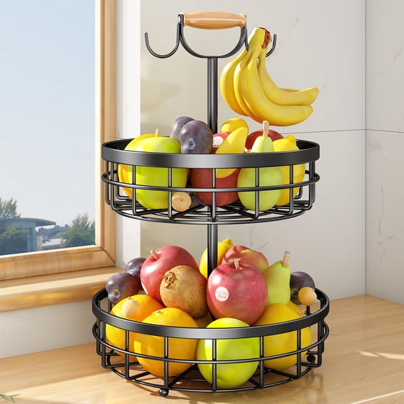 2-Tier Fruit Basket Bowl Vegetable Storage with 2 Banana Tree Hanger and Wood Lift Handle, Kitchen Countertop Metal Wire Basket for Bread Onions Potatoes