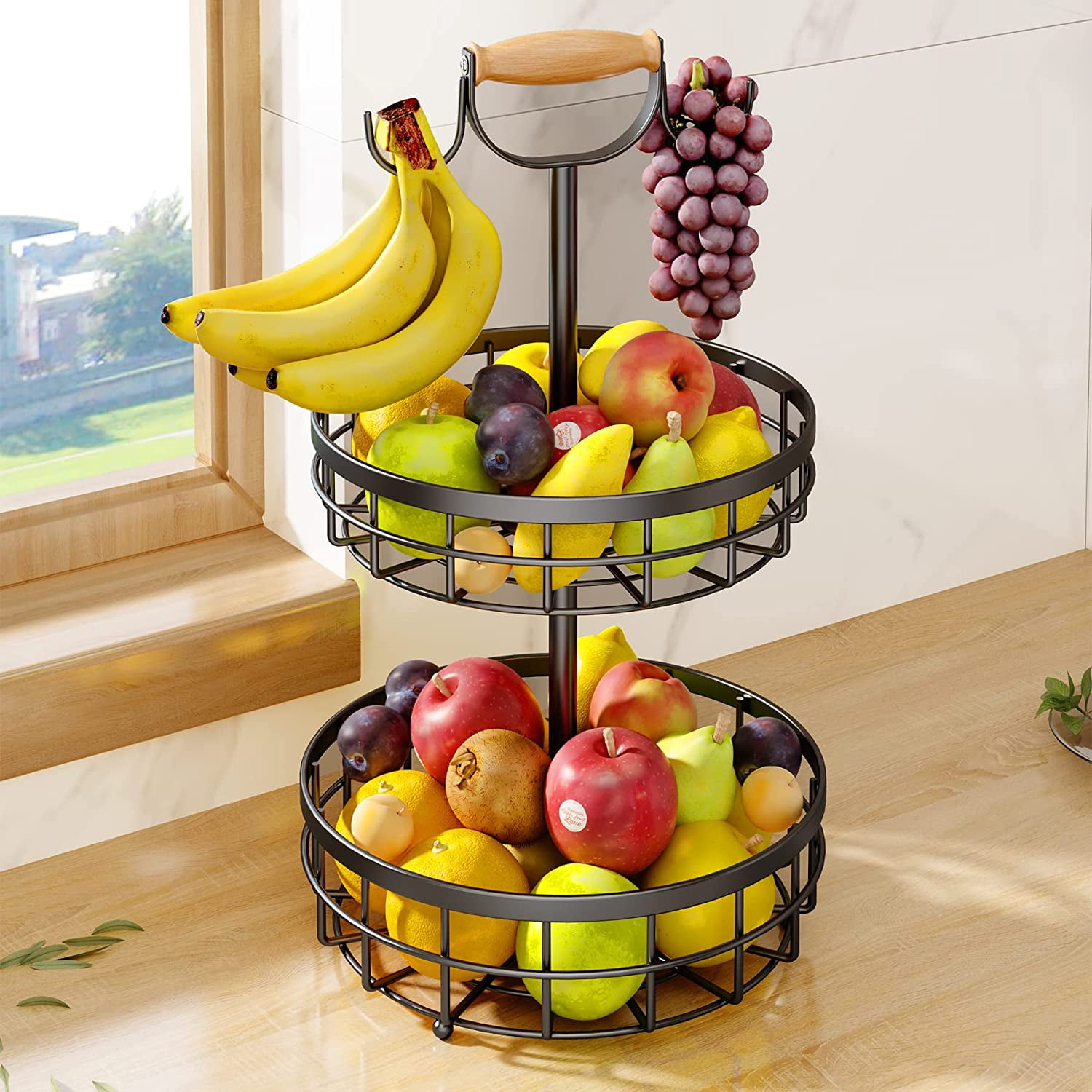 2-Tier Fruit Basket Bowl Vegetable Storage with Dual Banana Tree Hanger and  Wood Lift Handle, Kitchen Countertop Metal Wire Basket for Bread Onions