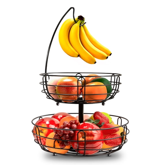 2 Tier Fruit Basket Bowl with Banana Hanger for Kitchen Countertop, Detachable Fruit Vegetable Storage Holder Display for Kitchen
