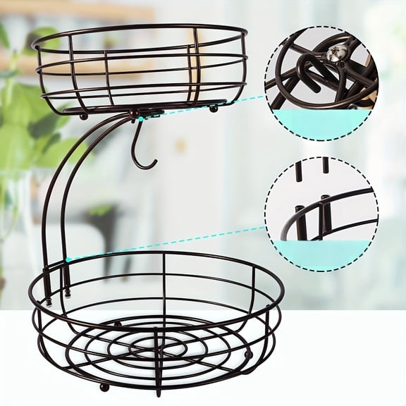 2-Tier Fruit Basket Bowl with Banana Hangers for Kitchen Counter, Metal Wire Basket Vegetable Storage Countertop Fruits Stand Organizer