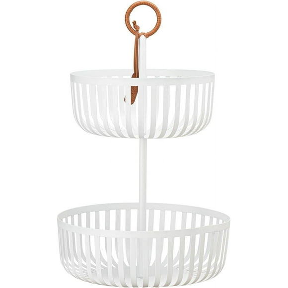 2-Tier Fruit Basket, Countertop Vegetable Basket Bowl Metal Wire Storage Stand Holder Organizer for Bread Snack Veggies, Matte White
