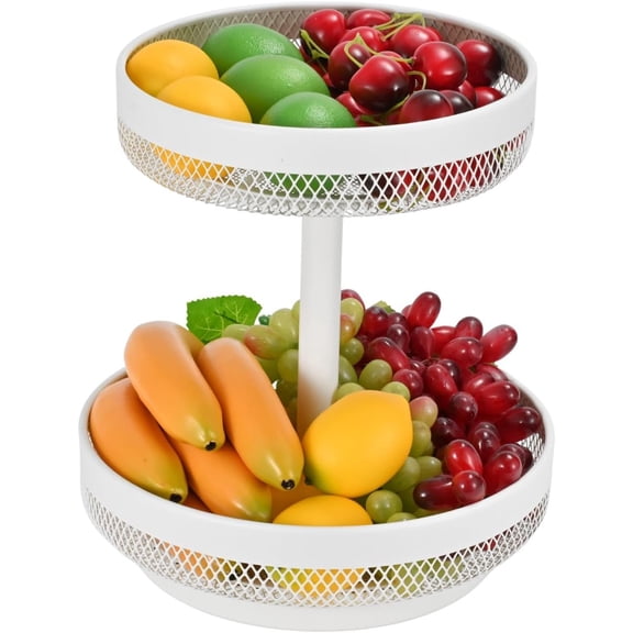 2 Tier Fruit Basket - Detachable Mesh Fruit Bowl for Kitchen Countertop - Metal Basket Stand for Fruits,Vegetables, Bread & Snacks (White)