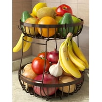 2 Tier Fruit Basket for Kitchen Counter with 2 Banana Hangers, Metal Stackable Fruit Bowl for Kitchen Counter for Bread Vegetable Fruits, Brown