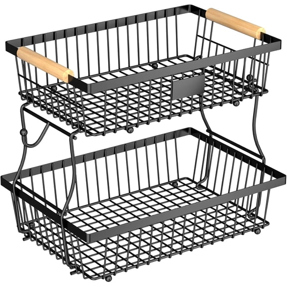 2 Tier Fruit Basket for Kitchen Counter with 2 Banana Hangers, Countertop Metal Bread Basket with Wooden Handle, Large Storage Stand for Vegetables, Snacks, Eggs, Produce Storage – Black