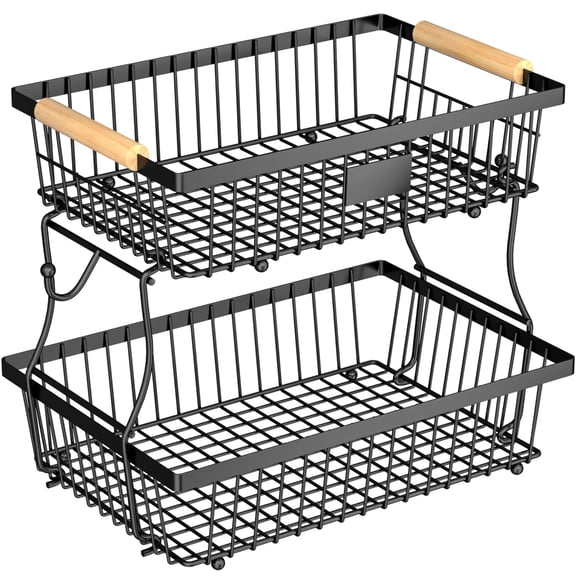 2 Tier Fruit Basket for Kitchen Counter with 2 Banana Hangers, Countertop Metal Bread Basket with Wooden Handle, Large Storage Stand for Vegetables, Snacks, Eggs, Produce Storage – Black