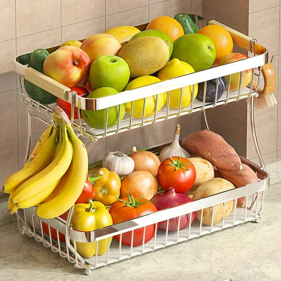 2 Tier Fruit Basket for Kitchen Counter with 2 Mobile Banana Hangers, 2025 Pro Detachable Metal Fruit Bowl with Wooden Handle, Fruit Holder for Bread Snack Veggies with Protective Mats