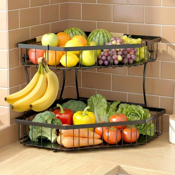 2 Tier Fruit Basket For Kitchen Counter - Detachable Metal Bowl With 2 Banana Hangers Corner Large Capacity Stand Wooden Handle Bread And Vegetable Storage