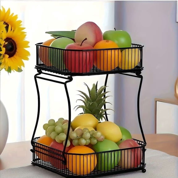 2-Tier Fruit Basket for Kitchen Counter, Metal Wire Vegetable Storage Stand with 2 Mobile Banana Hangers, Space Saving Organizer with for Fruits, Cans, Snacks, Bread
