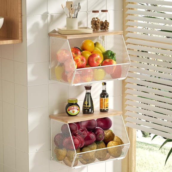 2 Tier Fruit Basket for Kitchen Counter, Stackable Onion and Storage Basket, Wall Mounted Wire Basket with Lid, Kitchen Storage Vegetable Organizer, 11.8 x 7.1 x 8.6 Inch