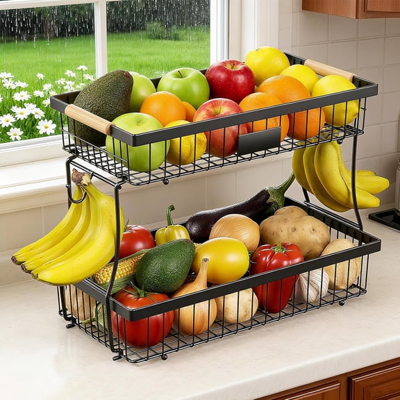 2 Tier Fruit Basket for Kitchen Counter,Wire Tiered Fruit Stand with Hangers&Handle,Corner Vegetable Rack,Two Tier Kitchen Basket For Fruits,Veggies,Snacks,Onions,Black