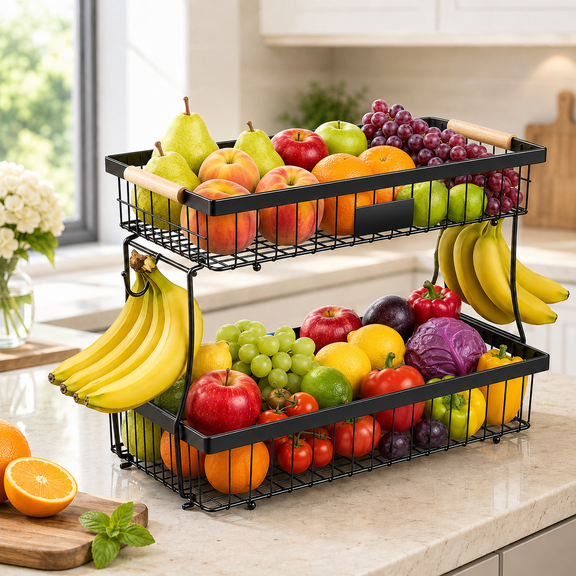 2 Tier Fruit Basket for Kitchen Counter,Wire Tiered Fruit Stand with Hangers&Handle,Corner Vegetable Rack,Two Tier Kitchen Basket For Fruits,Veggies,Snacks,Onions,Black