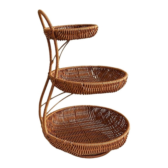 2 Tier Fruit Basket for Kitchen Countertop, Handwoven Bread Basket and Imitation Rattan Serving Tray, Tiered Vegetable Storage Stand for Food Snacks, Decorative Home Organizer for Dining Table