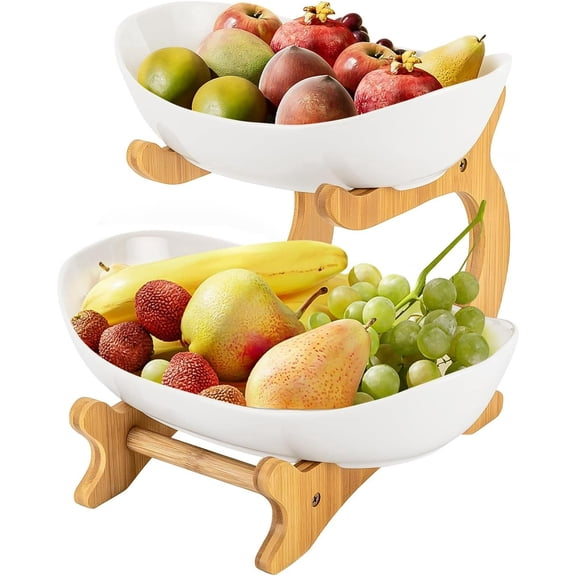 2 Tier Fruit Basket for Kitchen Countertop, Plastic Fruit Basket Rack with Bamboo Wood Stand, for Fruit Vegetable Storage Cake Dessert Nuts Snack Salad(white)