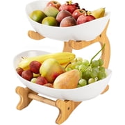 2 Tier Fruit Basket for Kitchen Countertop,Plastic Fruit Basket Rack with Bamboo Wood Stand,for Fruit Vegetable Storage Cake Dessert Nuts Snack Saladxxw